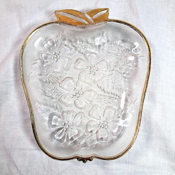 Hazel-Atlas Mid-Century Modern Clear Glass Apple Plate 22K Gold Trim 1950s MCM - Picture 1 of 8